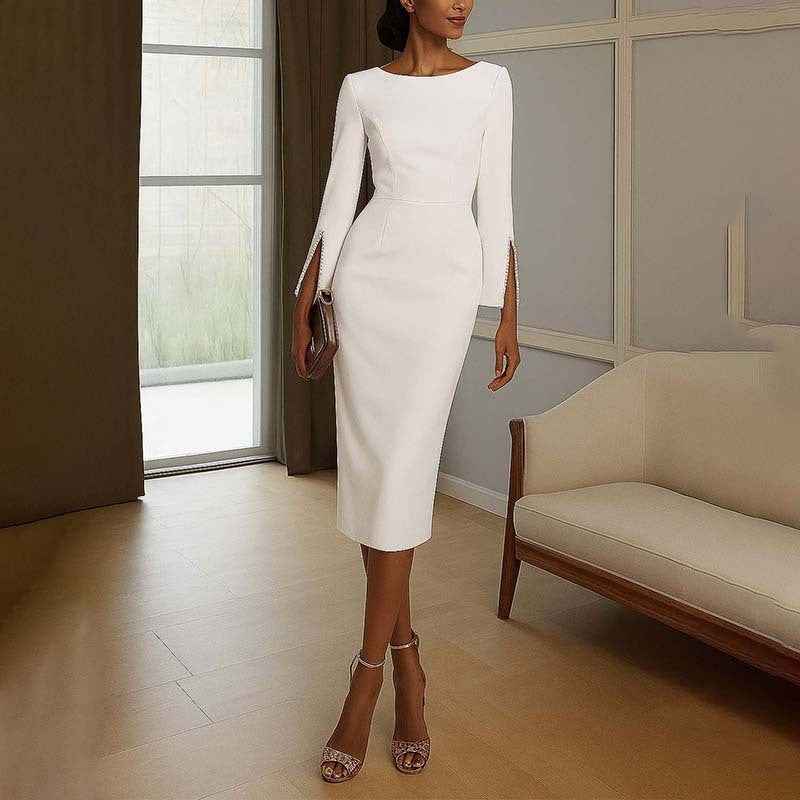 Women's Elegant Pearl Accent Bodycon Midi Dress With Sleeve Split & Back Zipper, Formal Cocktail Party Club Dress