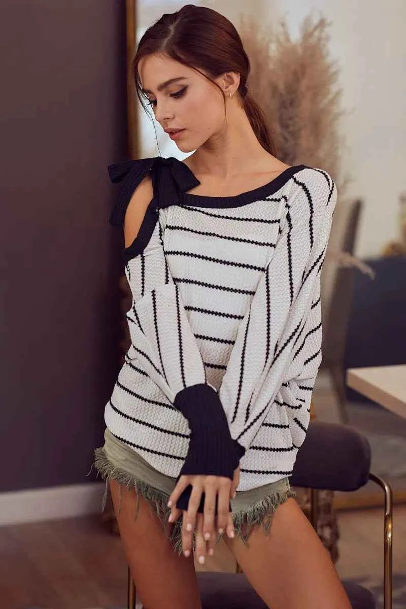 BiBi Stripe Yarn Dye Waffle One Shoulder Ribbon Detail Top
