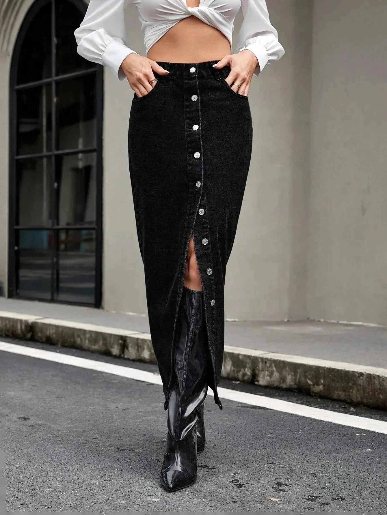 Black Button Front Denim Maxi Skirt with Slit