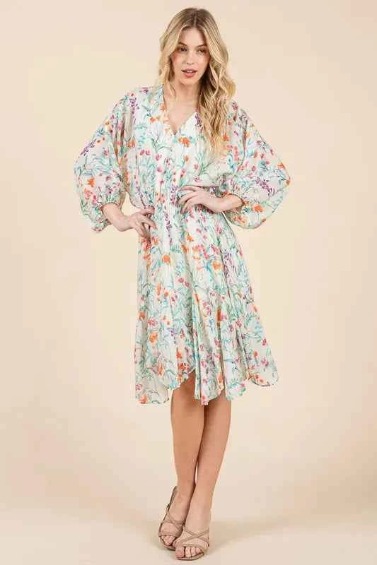 Lime 'N' Chili Floral Cinched Waist Balloon Sleeve V-Neck Dress