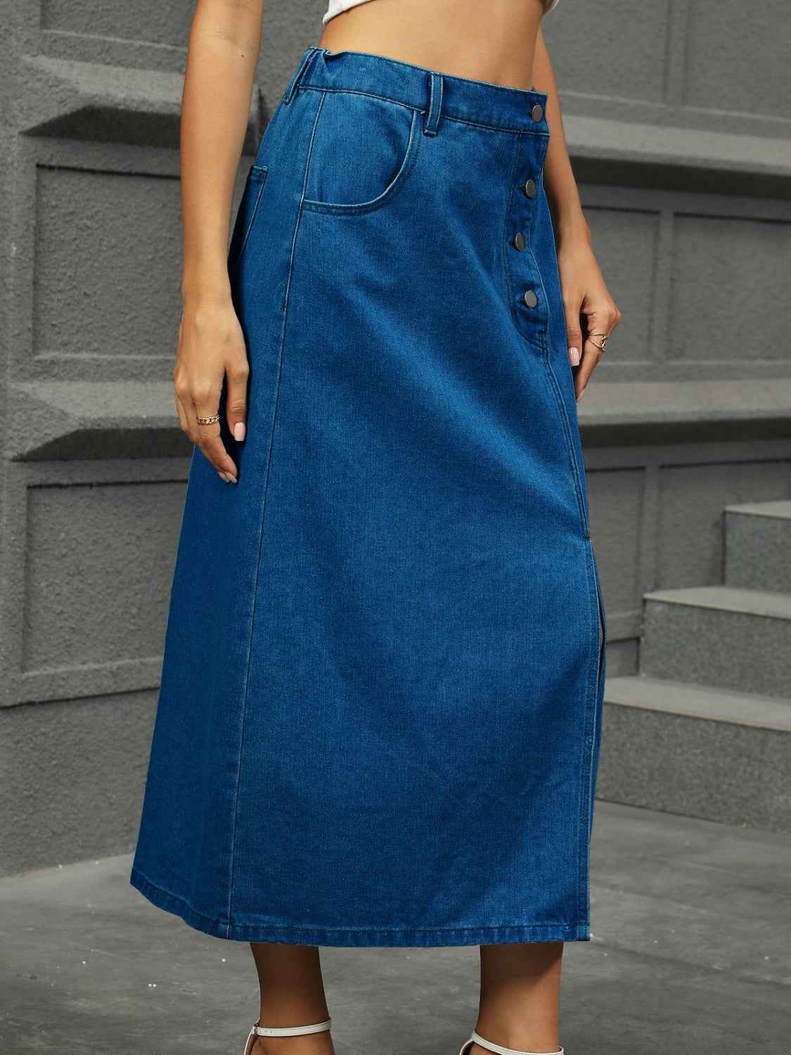Slit Button Detail Denim Midi Skirt