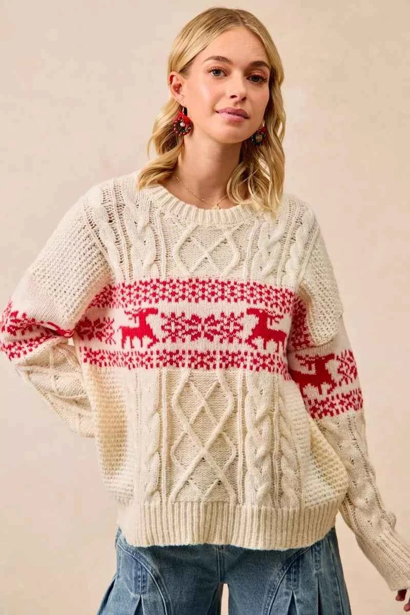 BiBi Christmas Theme Patterned Cable Knit Sweater