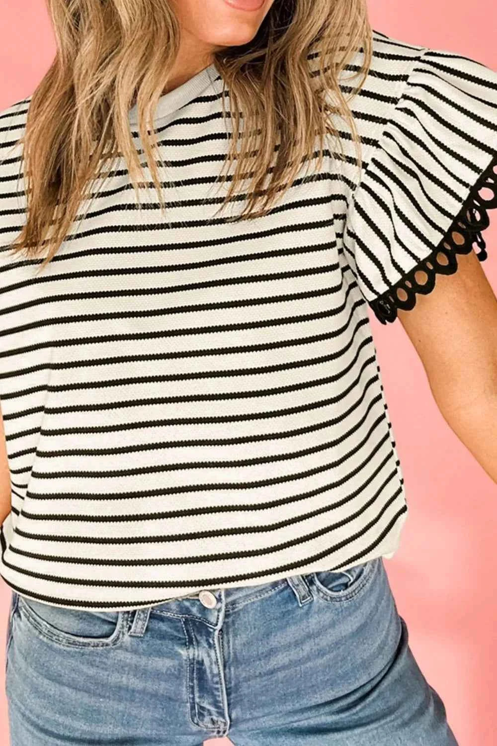 Striped Round Neck Ruffle Sleeve Blouse