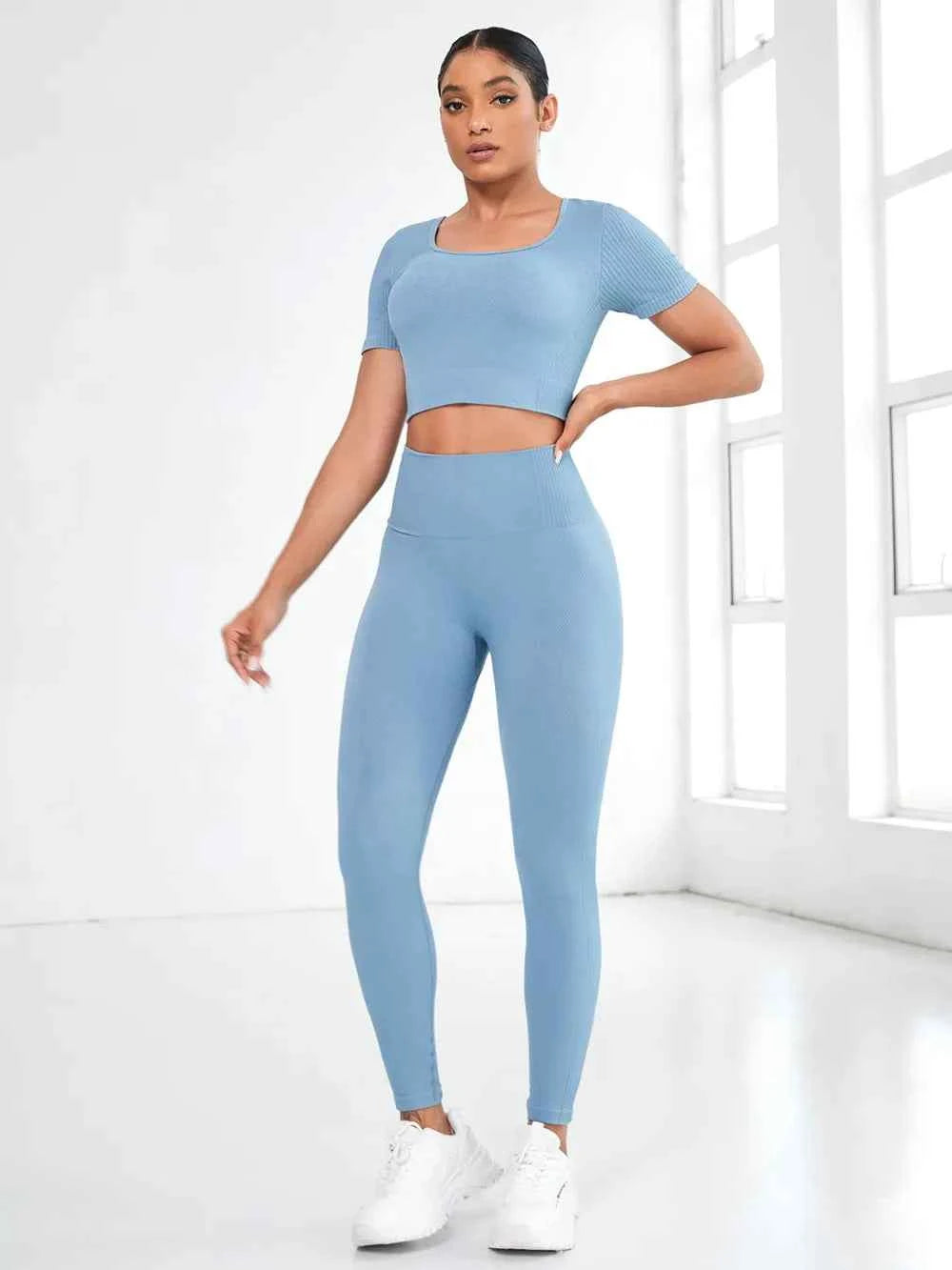 Round Neck Short Sleeve Top and Leggings Active Set
