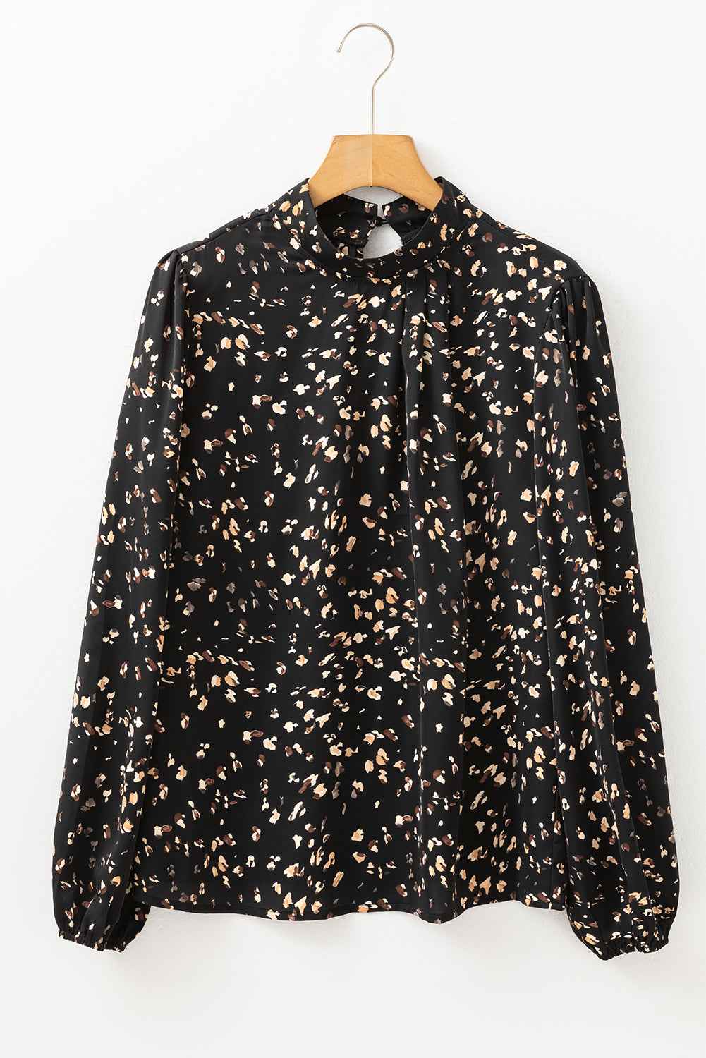 White Leopard Print Puff Sleeve Mock Neck Pleated Blouse