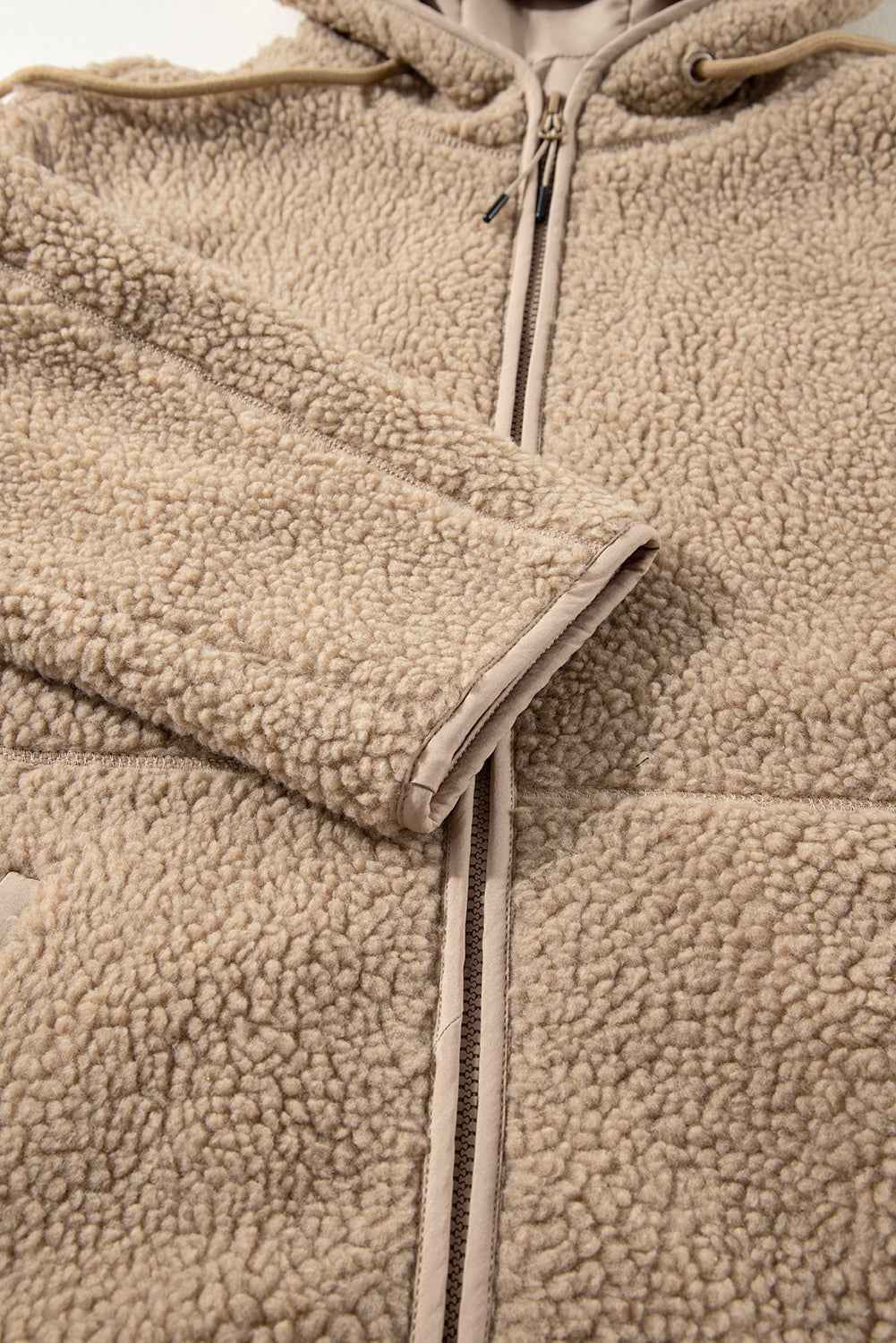 Solid Fleece Zip-Up Drawstring Pocketed Hooded Jacket