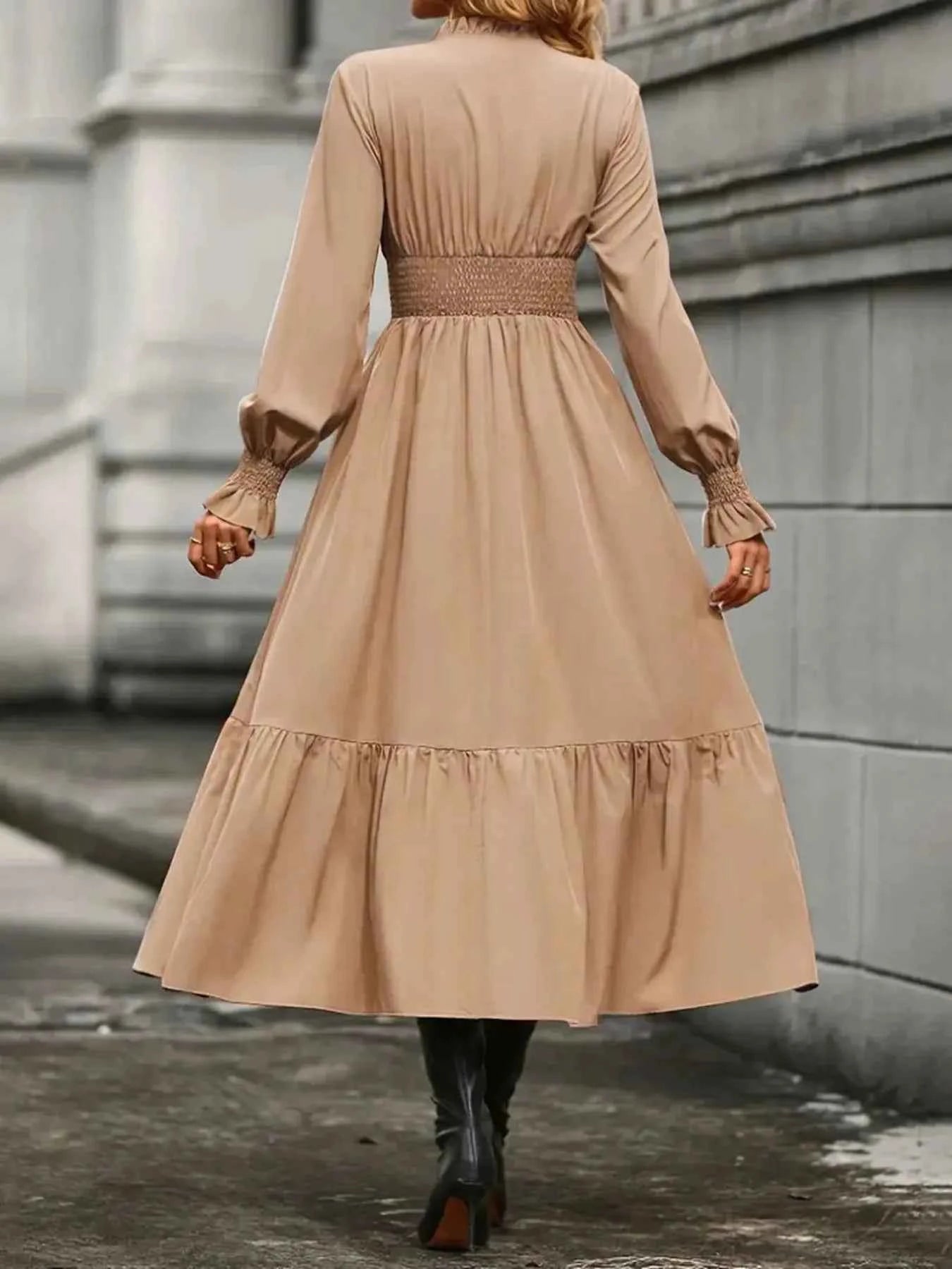 Notched Long Sleeve Tiered Dress