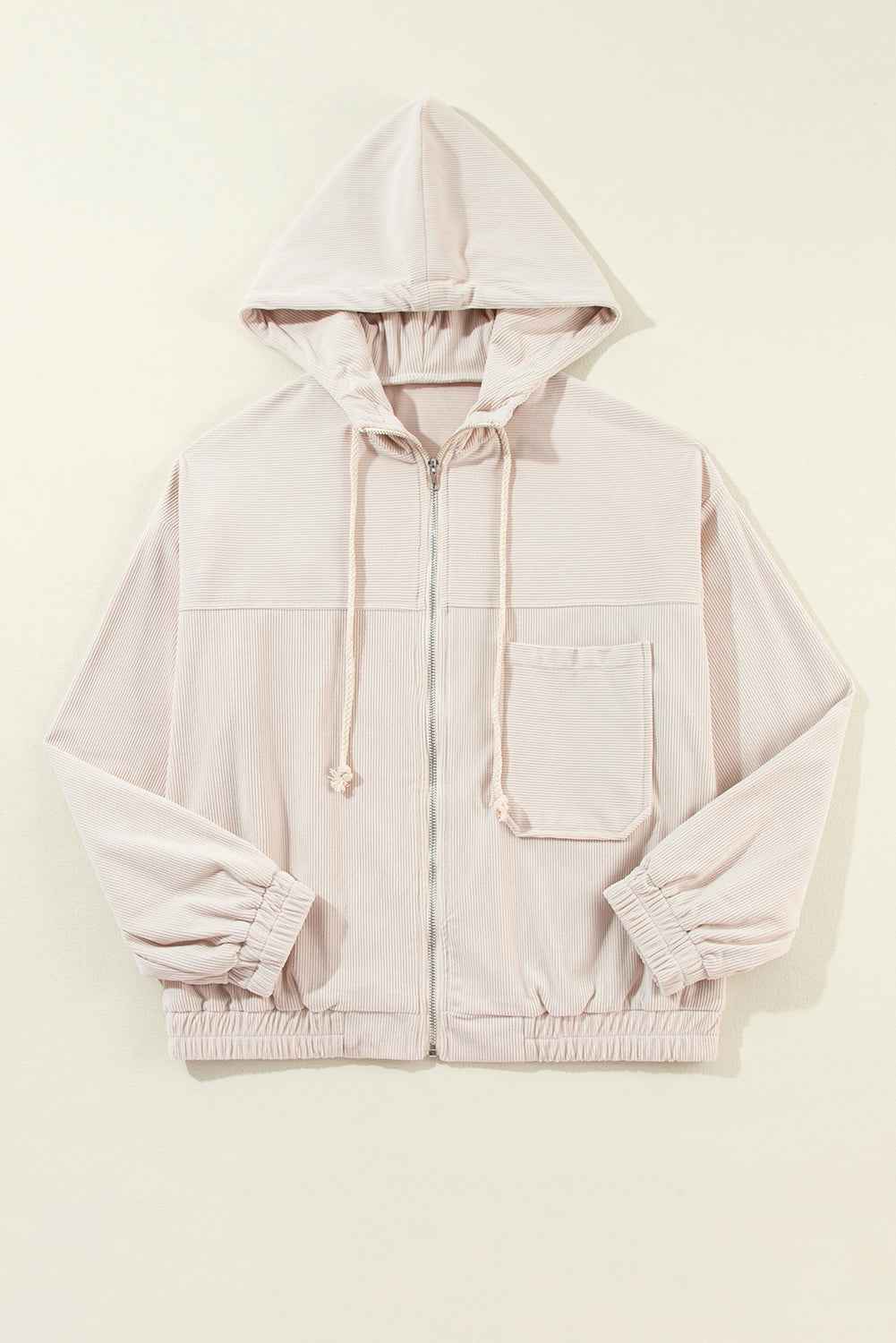 Solid Corduroy Zip-Up Pocketed Hooded Jacket