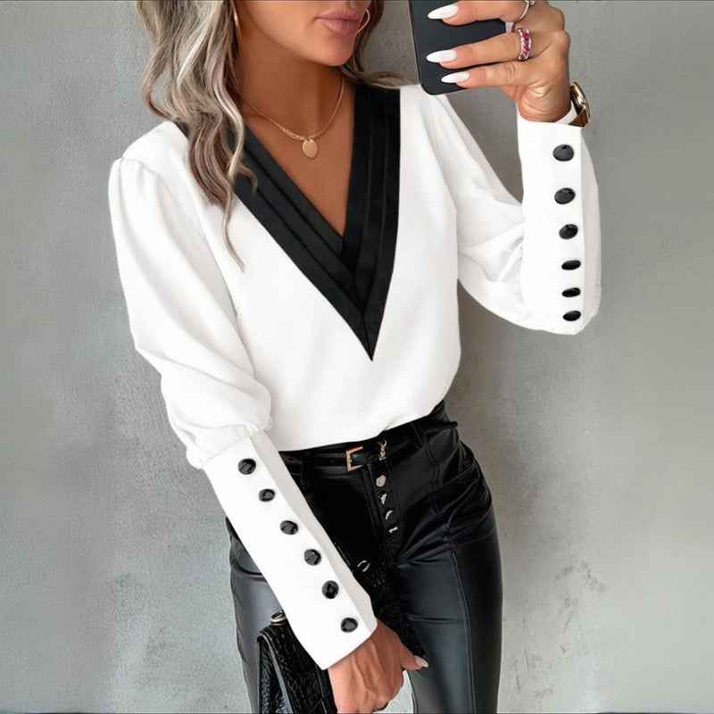 Women's V-Neck Contrast Trim Long Sleeve Blouse With Button Cuff Detail - Casual Comfort Top For Spring&Fall