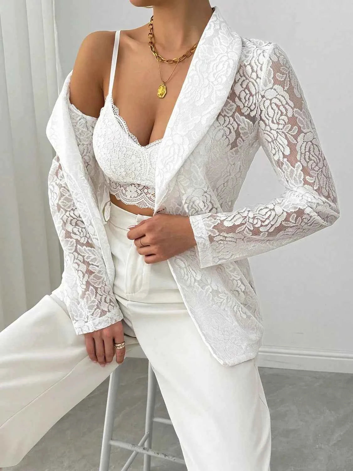 Chic Sheer Lace Lapel Blazer