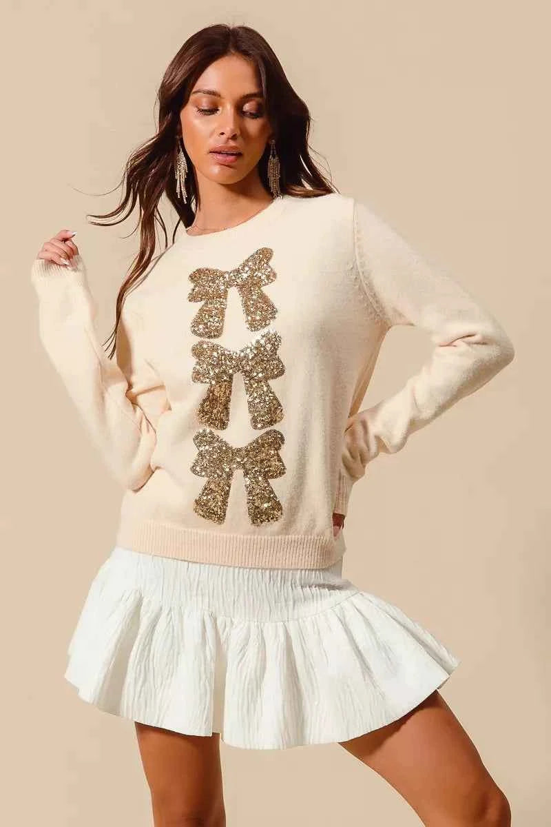 SO ME Sequins Bow Ribbon Embellished Christmas Sweater