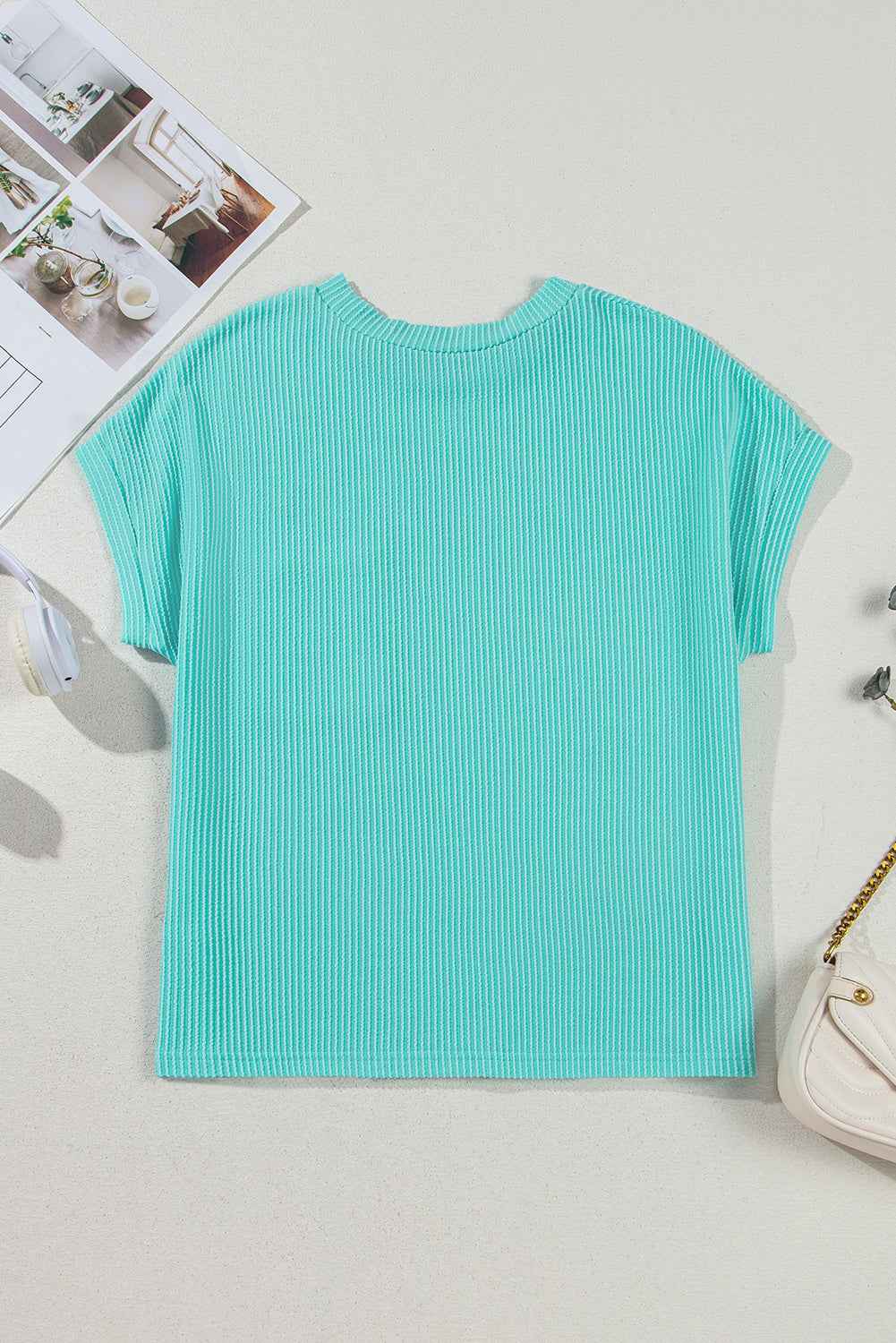 Light Blue Corded Colorblock Pocket Crew Neck T Shirt