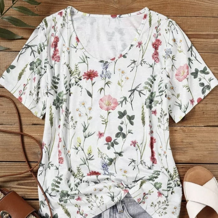 Floral V-neck Women's T-shirt Short Sleeved Casual Vacation Pullover Top - The Eggy's store