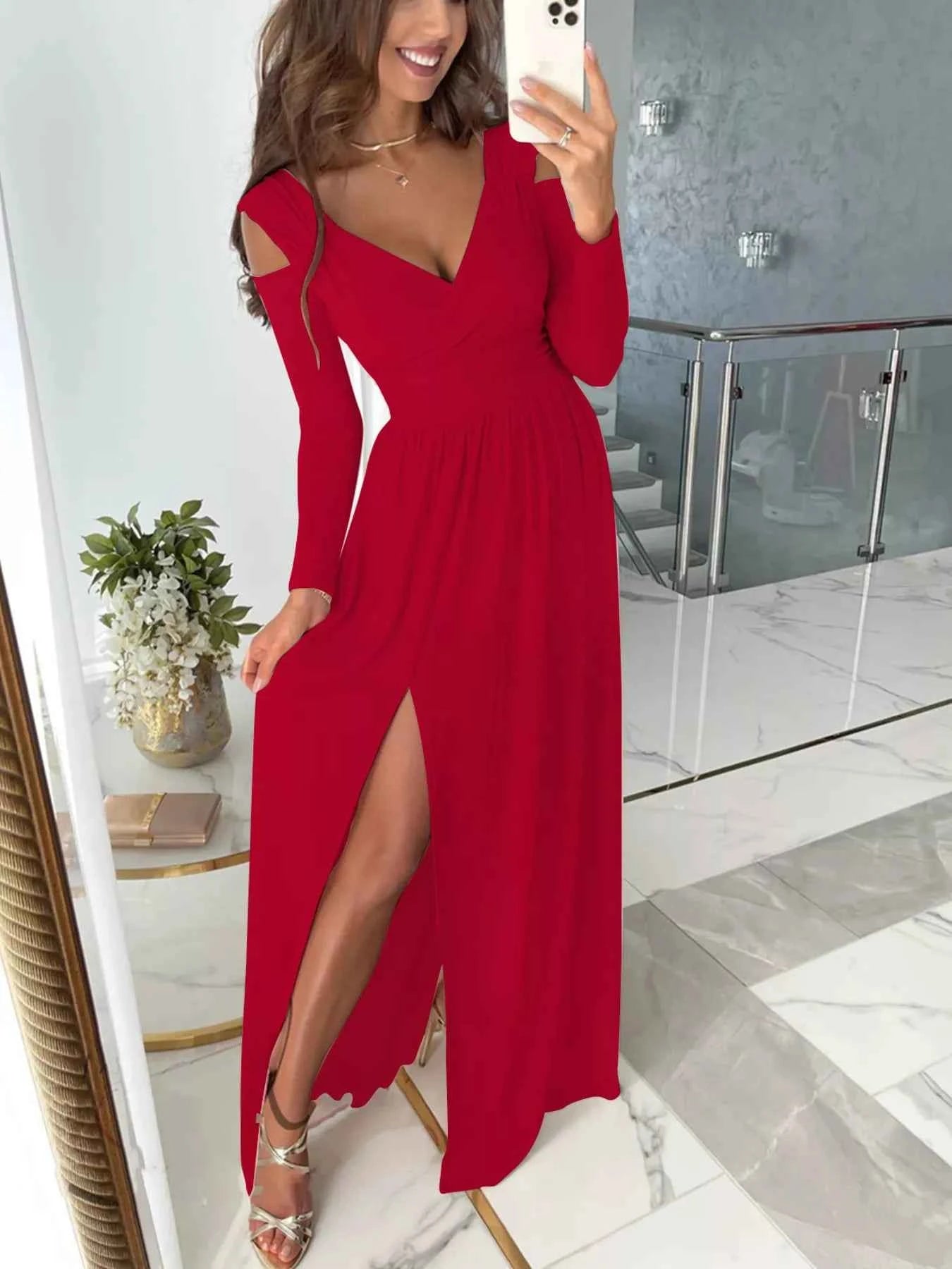 Slit Surplice Cold Shoulder Maxi Dress