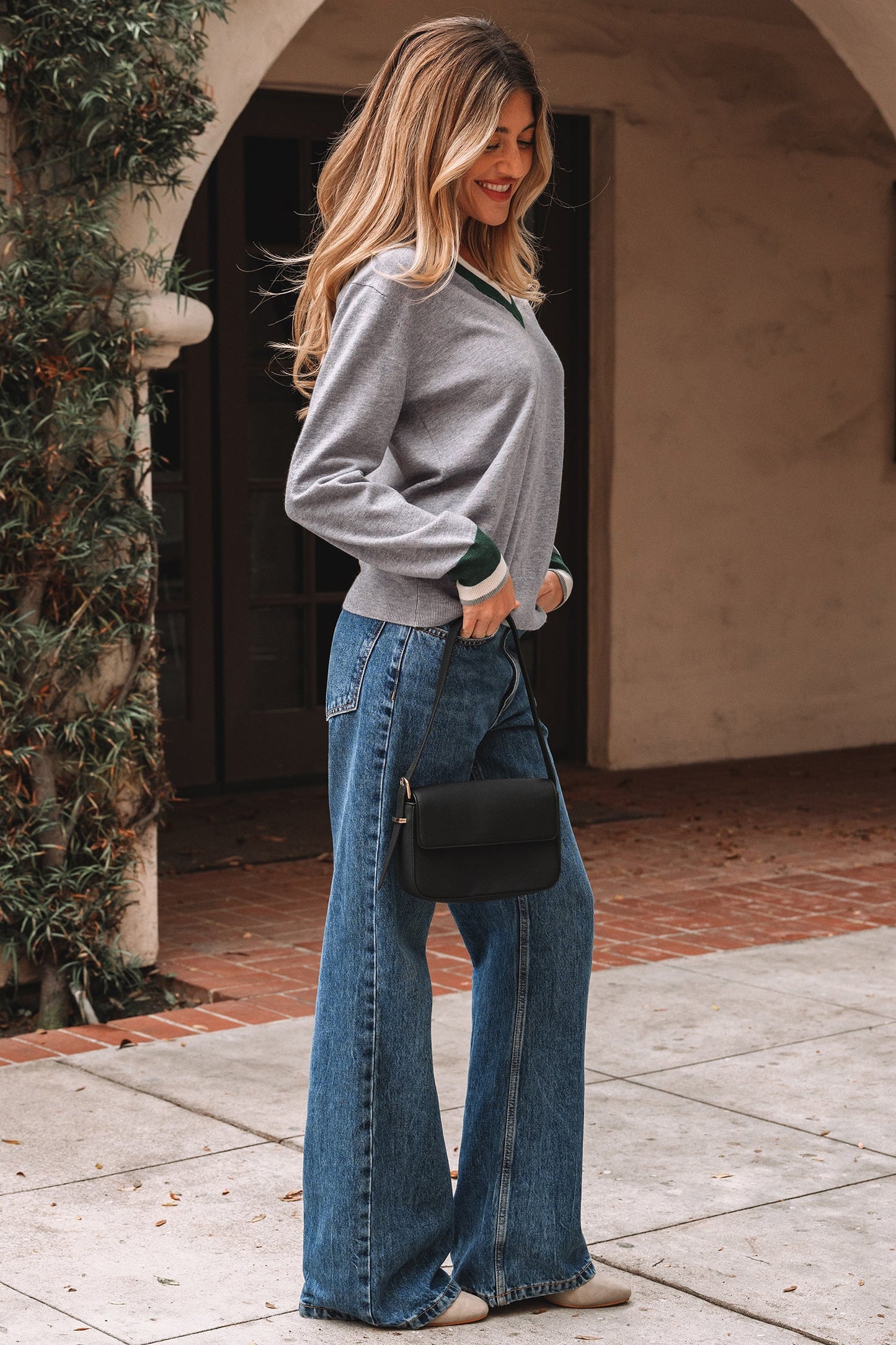 Varsity Stripe Contrast Trim V-Neck Sweater