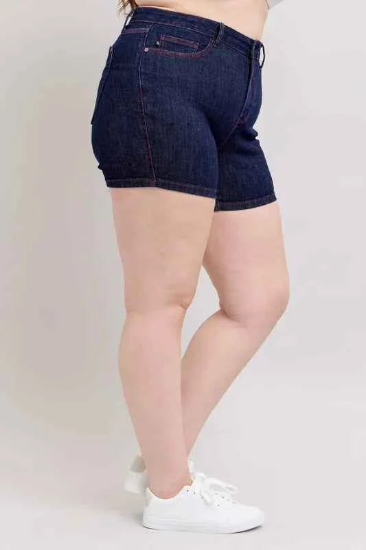 Judy Blue Full Size High Waist Heart Shaped Pkts & Red Contrast Thread Denim Shorts Plus Size