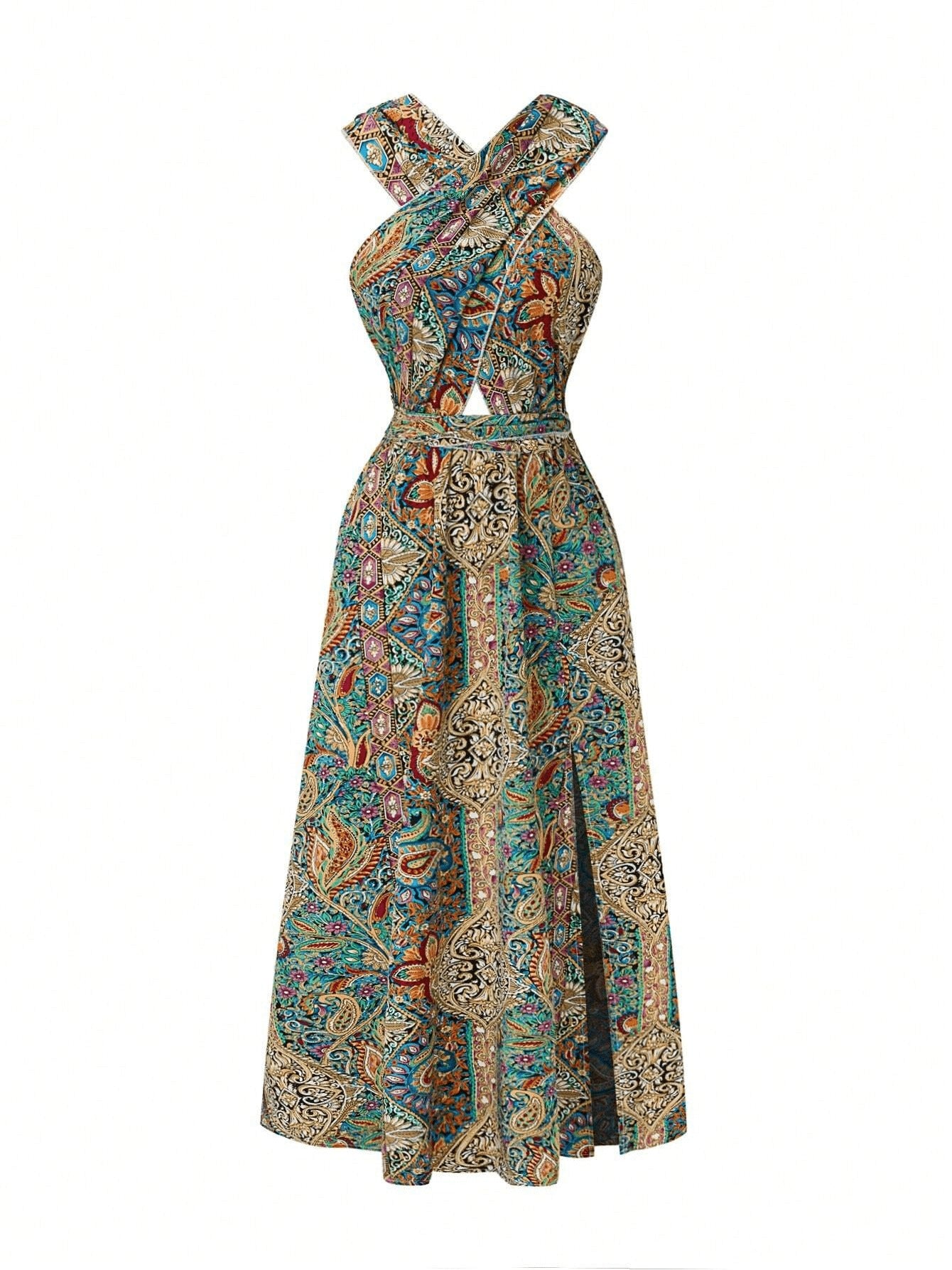 Women Print Maxi Dress with Tie Detail - High Waisted Cross Halter Neck, Flowing Teal & Brown Paisley Vacation Gown, Machine Washable Summer Fashion - The Eggy's store