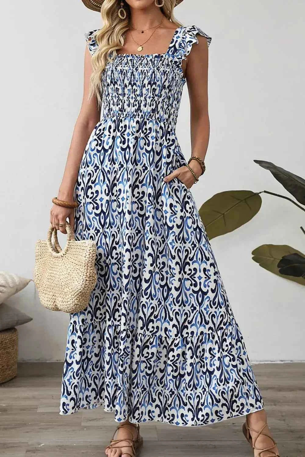Smocked Printed Square Neck Boho Tiered Midi Dress