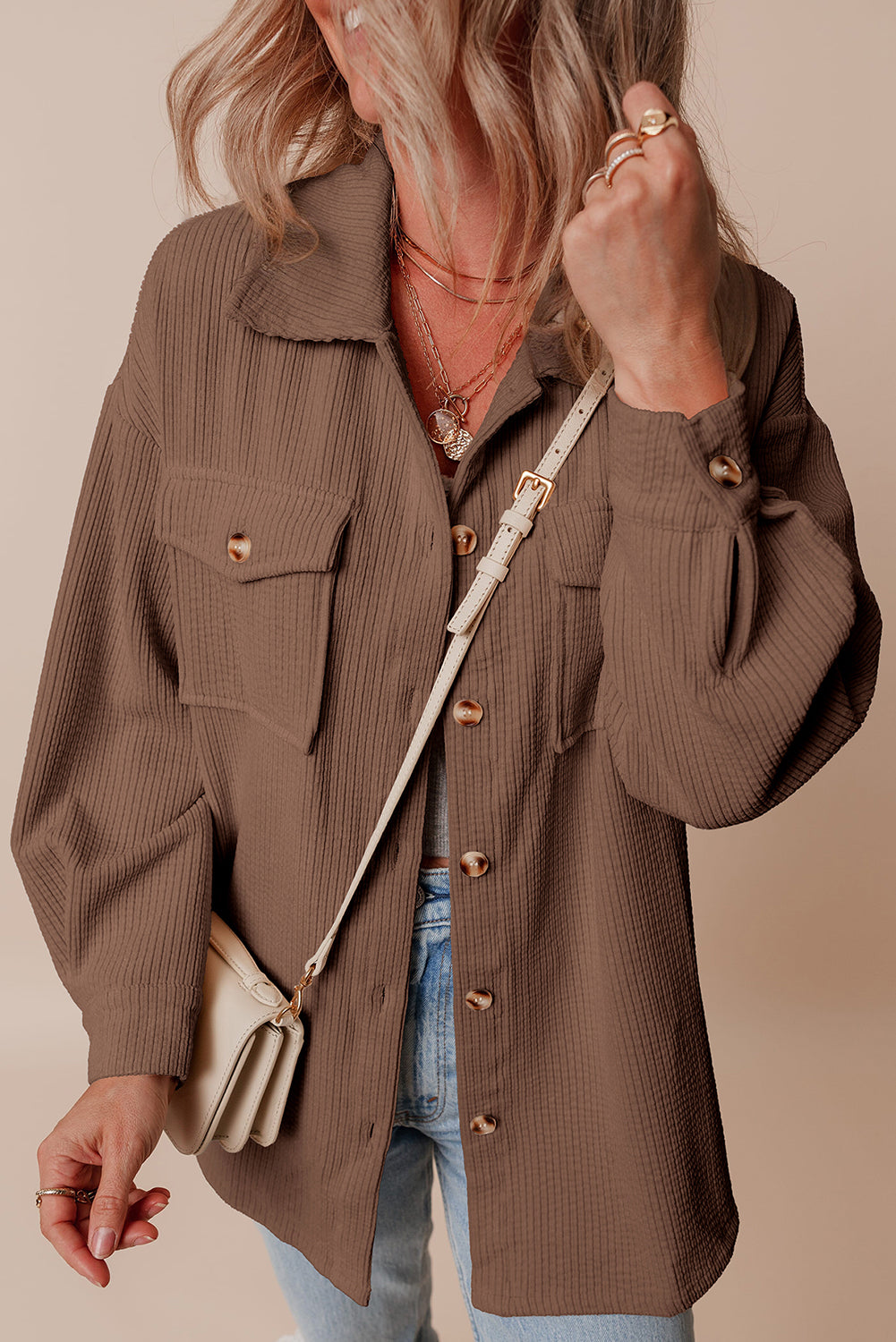 Solid Corduroy Button-Up Pocketed Shacket