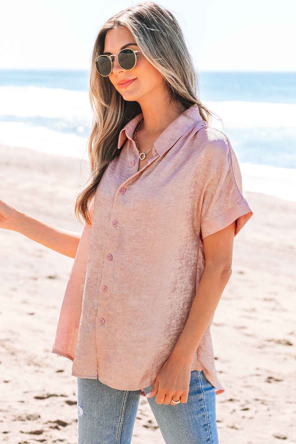 Kiana Metallic Buttoned Loose Fit Short Sleeve Shirt