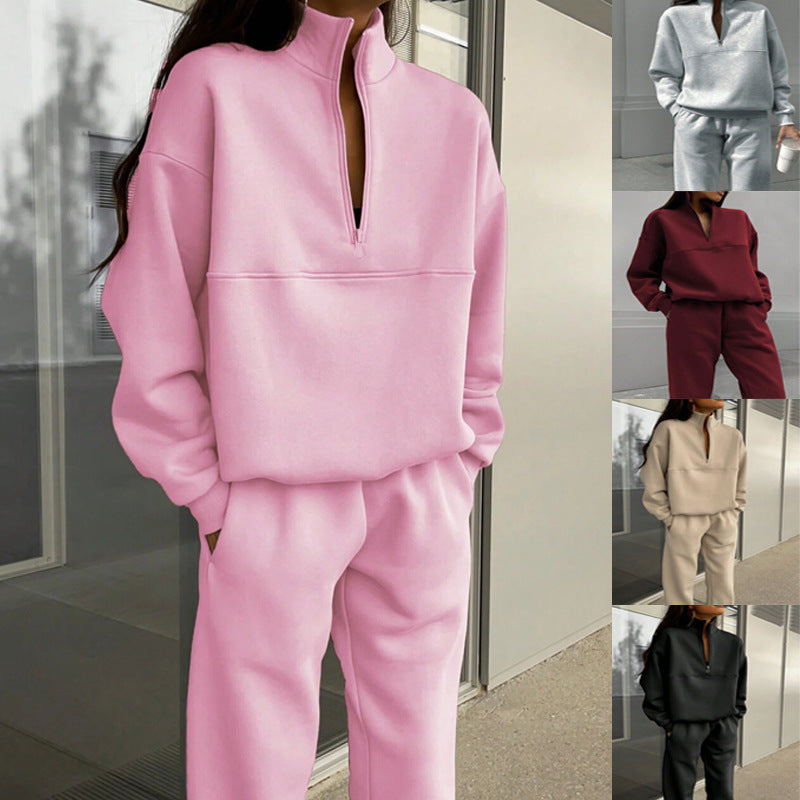 Long-sleeved Sports Sweatsuit Stand-up Collar Zip-up Top And Elastic Band Trousers With Pocket - The Eggy's store