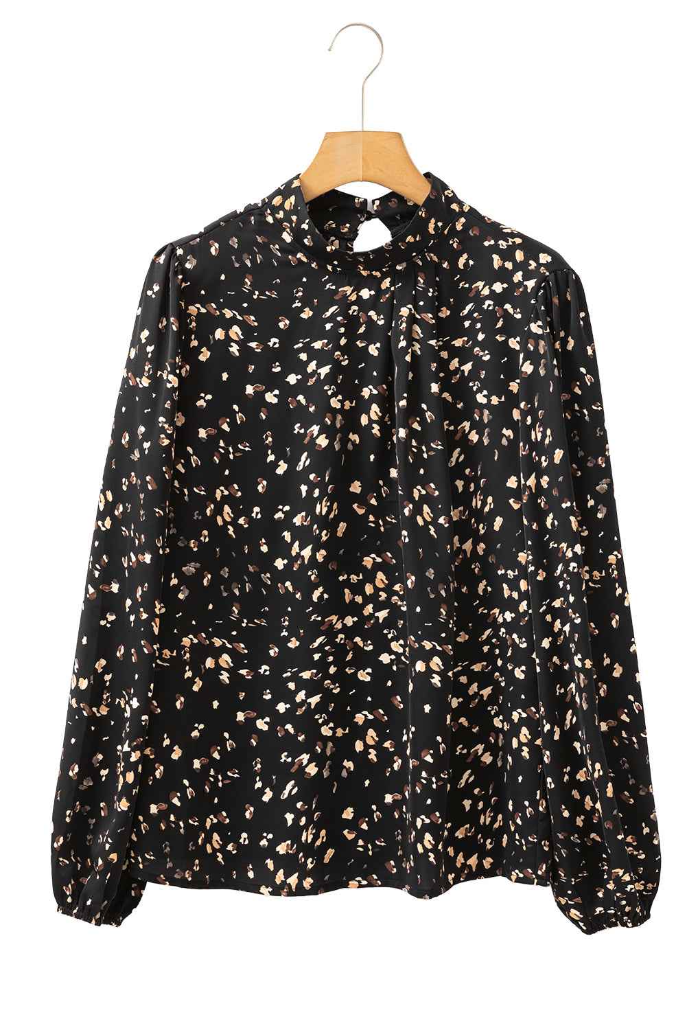 White Leopard Print Puff Sleeve Mock Neck Pleated Blouse