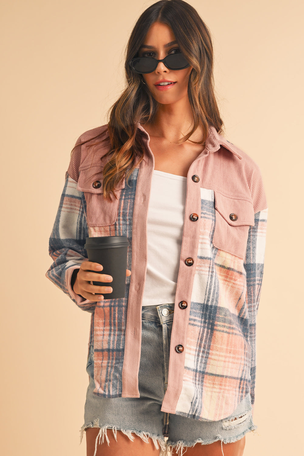 Cinnamon Plaid Corduroy Patchwork Pocket Loose Shacket - The Eggy's store