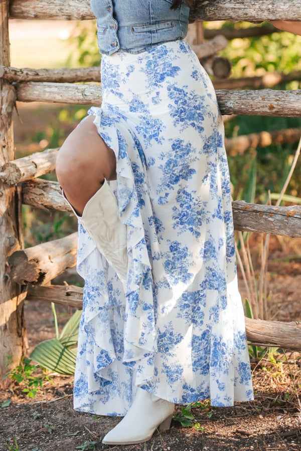 Split Asymmetrical Ruffled Printed Skirt