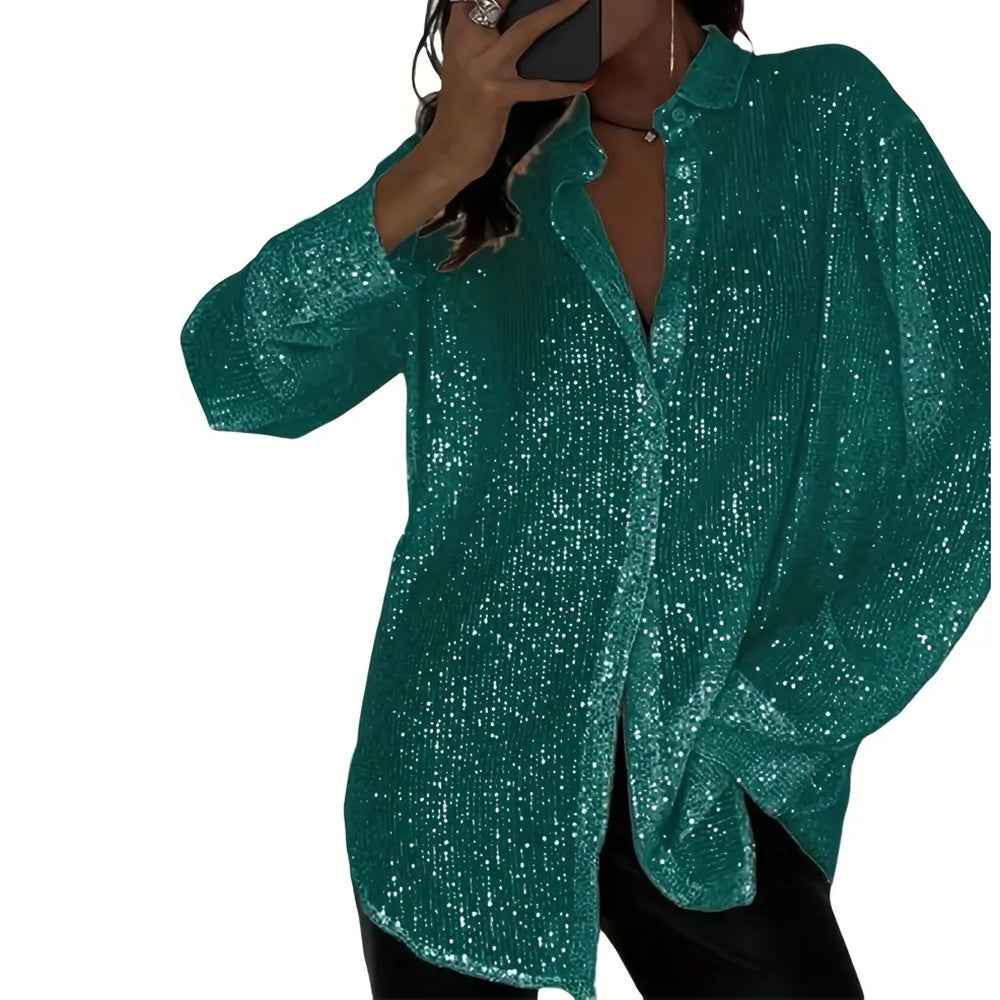 Elegant Women's Sequin Shirt - Stylish Long Sleeve Button-Up Blouse With Glitter Details, Perfect For Party & Casual To Formal Wear