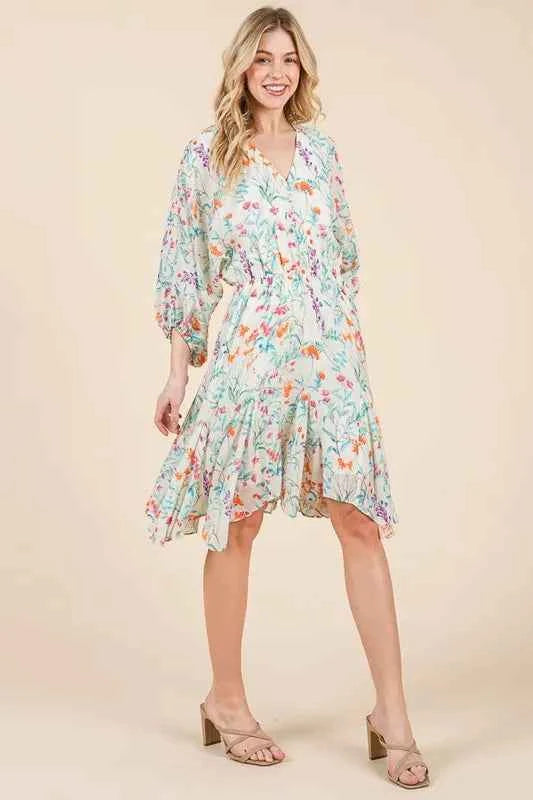 Lime 'N' Chili Floral Cinched Waist Balloon Sleeve V-Neck Dress