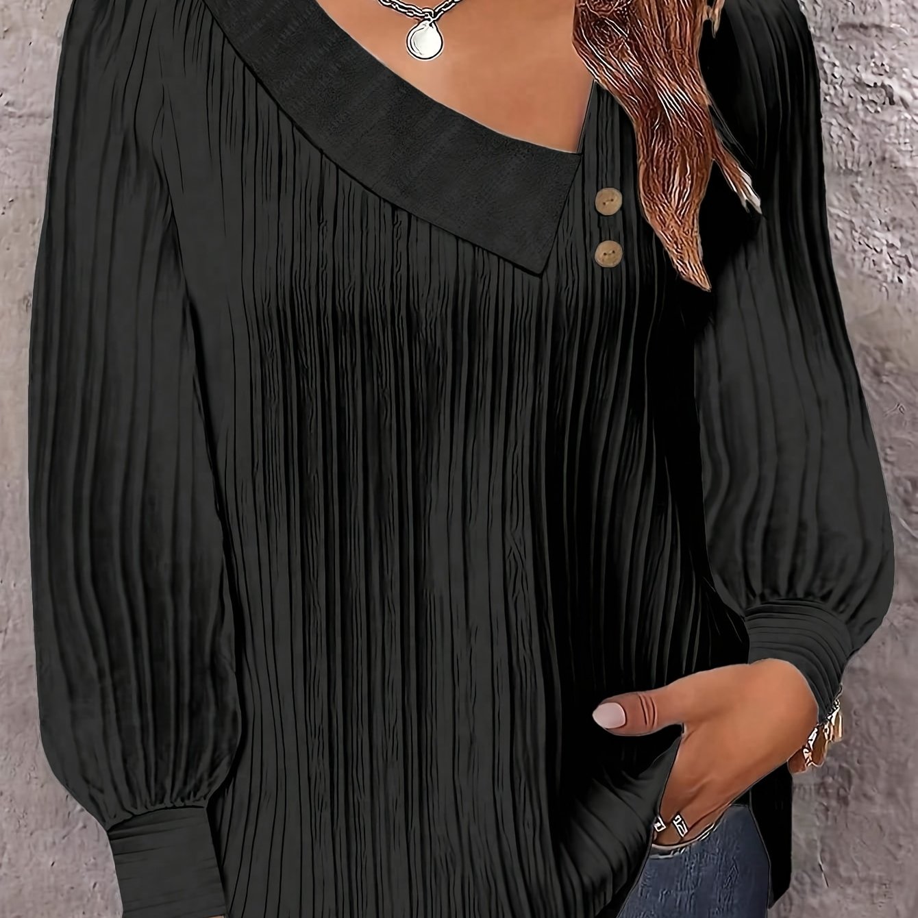 Plus Size Chic V-Neck Blouse with Decorative Buttons