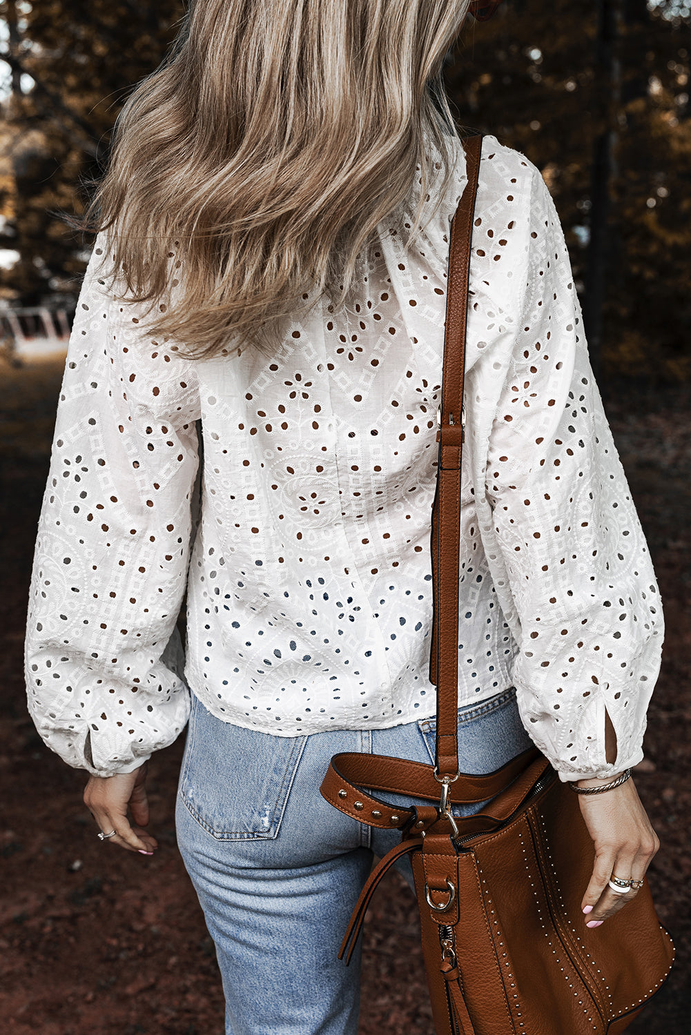 White Eyelet Embroidered Puff Sleeve V Neck Blouse - The Eggy's store