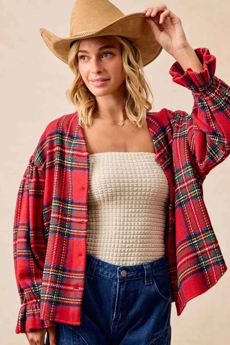 BiBi Christmas Plaid V-Neck Flounce Sleeve Jacket