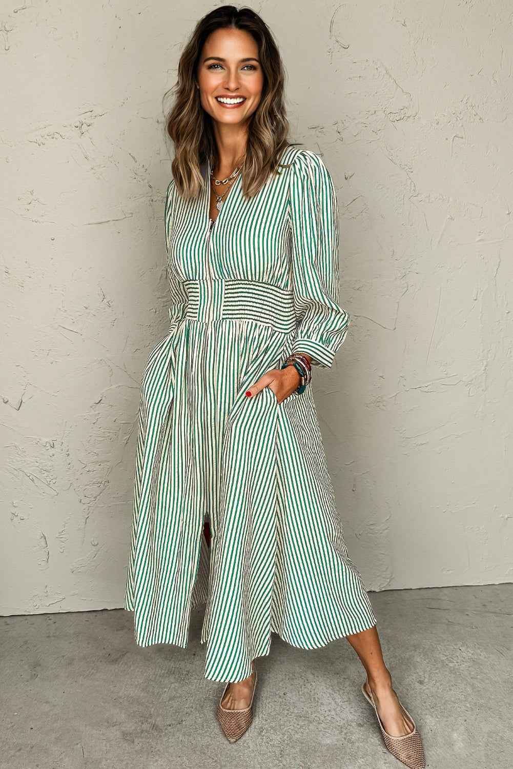 Stripe V-Neck Zip Front Midi Dress