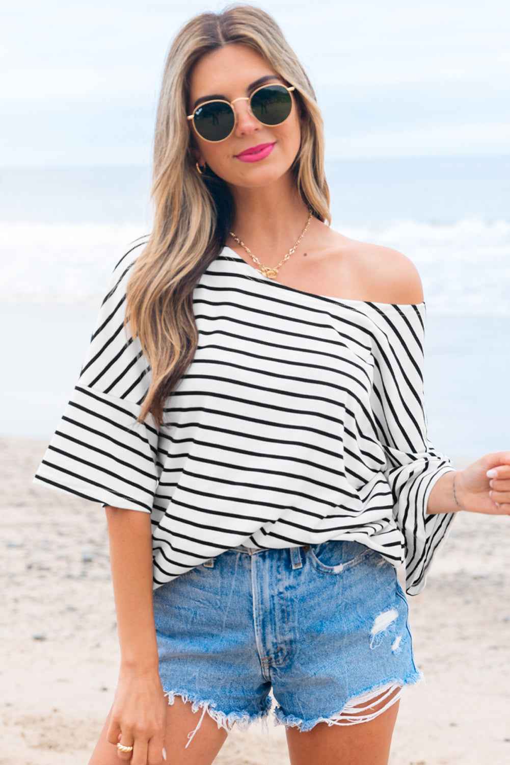 Lilia Stripe Half Sleeve Scoop Neck Loose Top