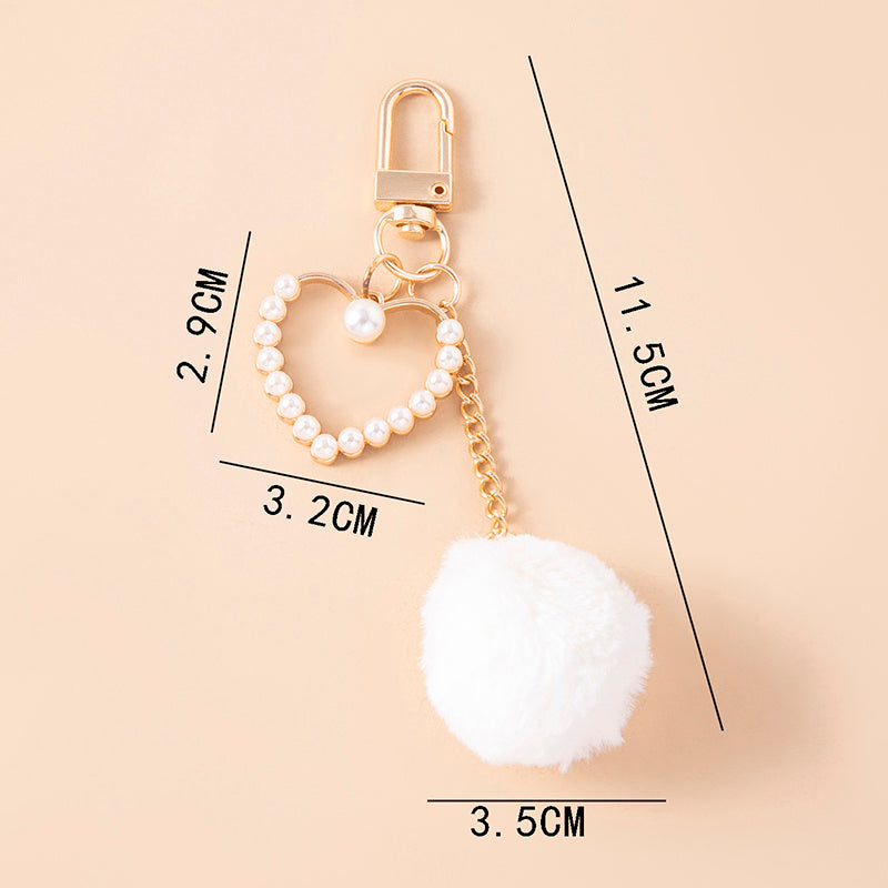Cute White Plush Ball Keychain Fashion Pompoms Pearls Heart Charms Key Chain - The Eggy's store