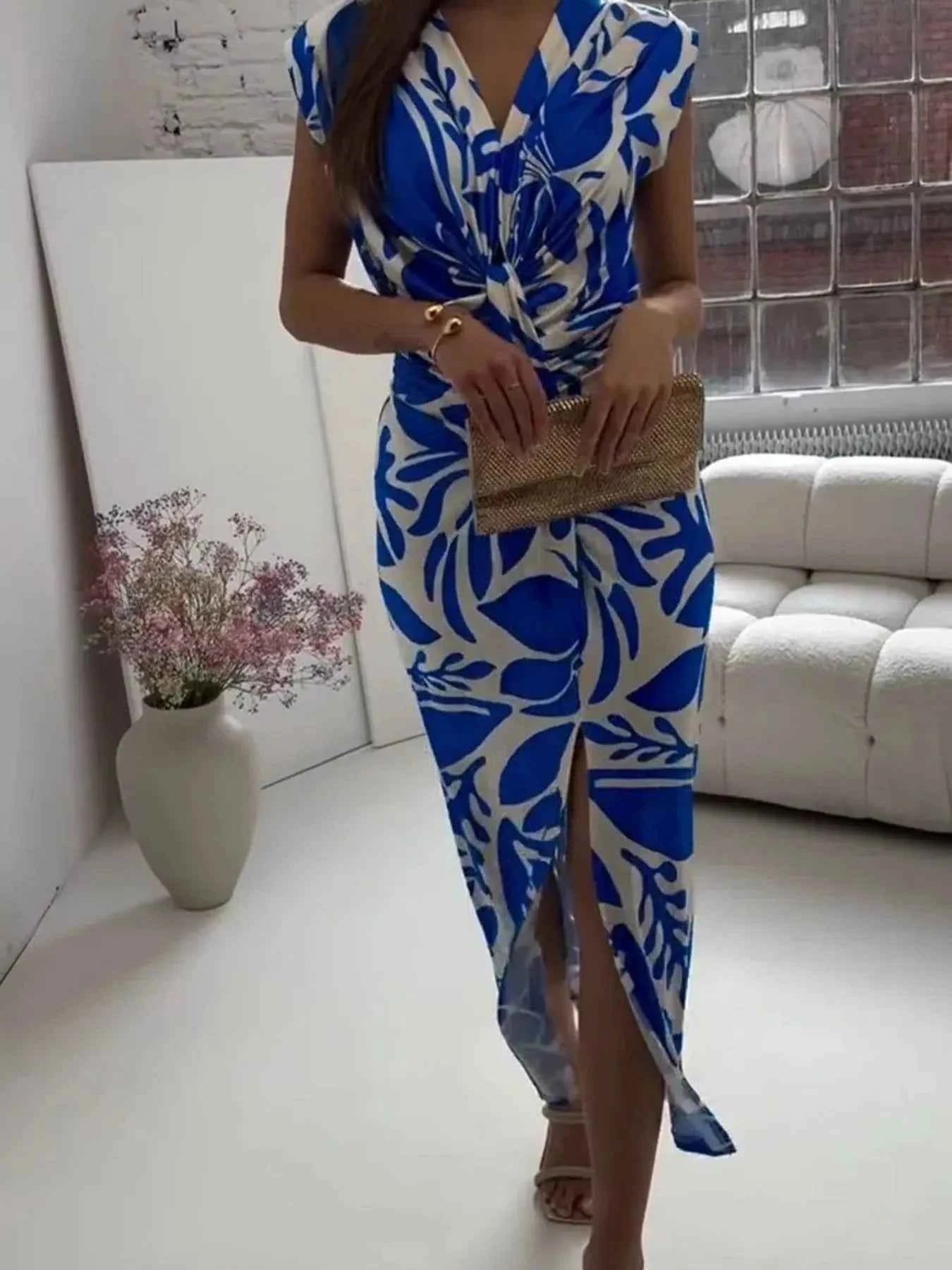 Full Size Slit Printed V-Neck Midi Dress Plus Size