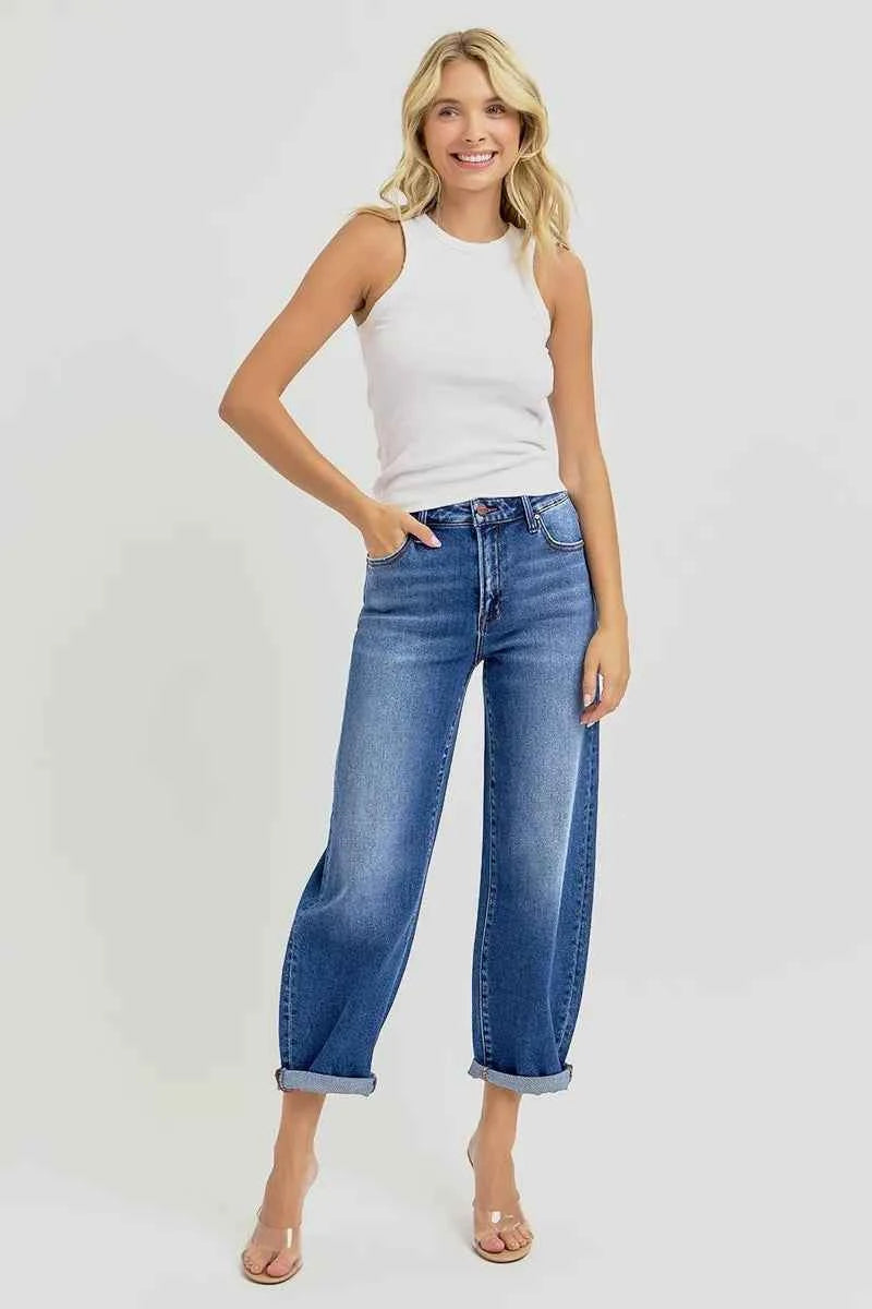 RISEN Full Size High Rise Crop Mild Barrel Jeans Plus Size
