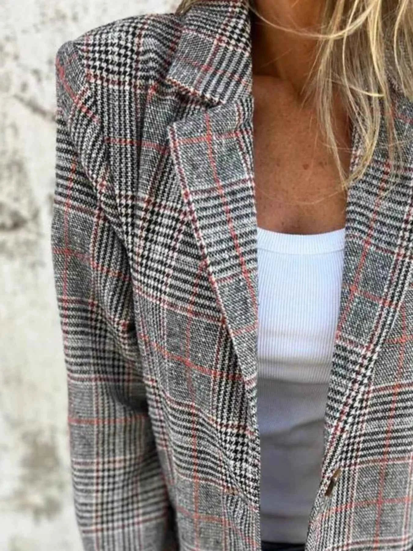 Full Size Plaid Single-Breasted Long Sleeve Blazer Plus Size