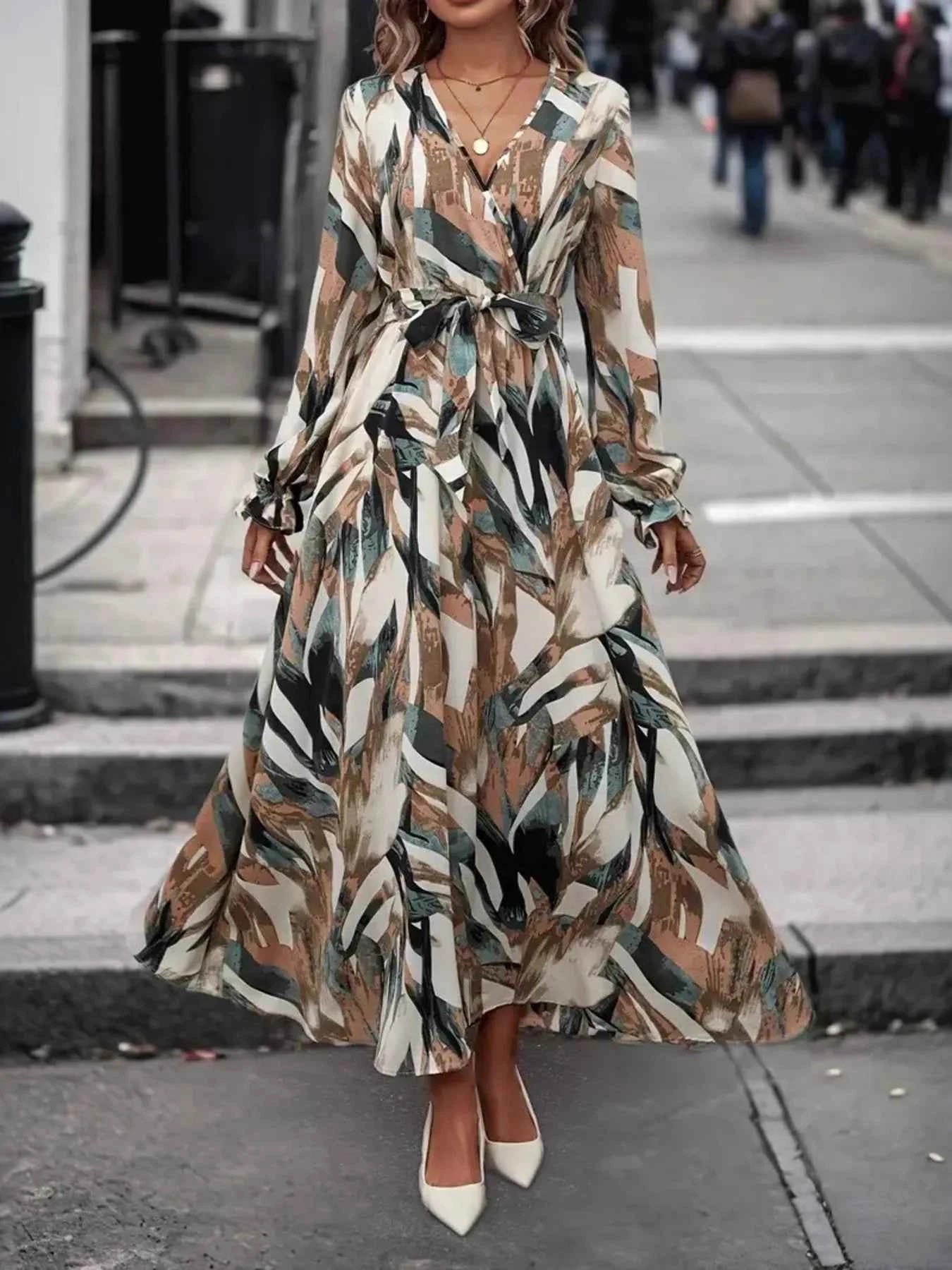 Printed Surplice Flounce Sleeve Maxi Dress