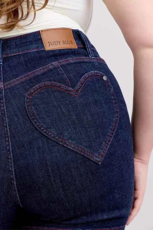 Judy Blue Full Size High Waist Heart Shaped Pkts & Red Contrast Thread Denim Shorts Plus Size