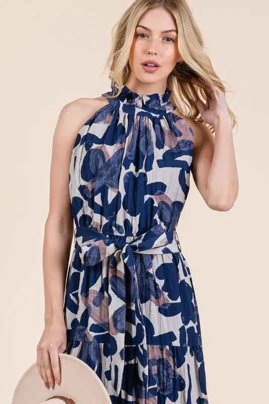 Lime 'N' Chili Abstract Halter Neck Tie-Waist Tiered Maxi Dress