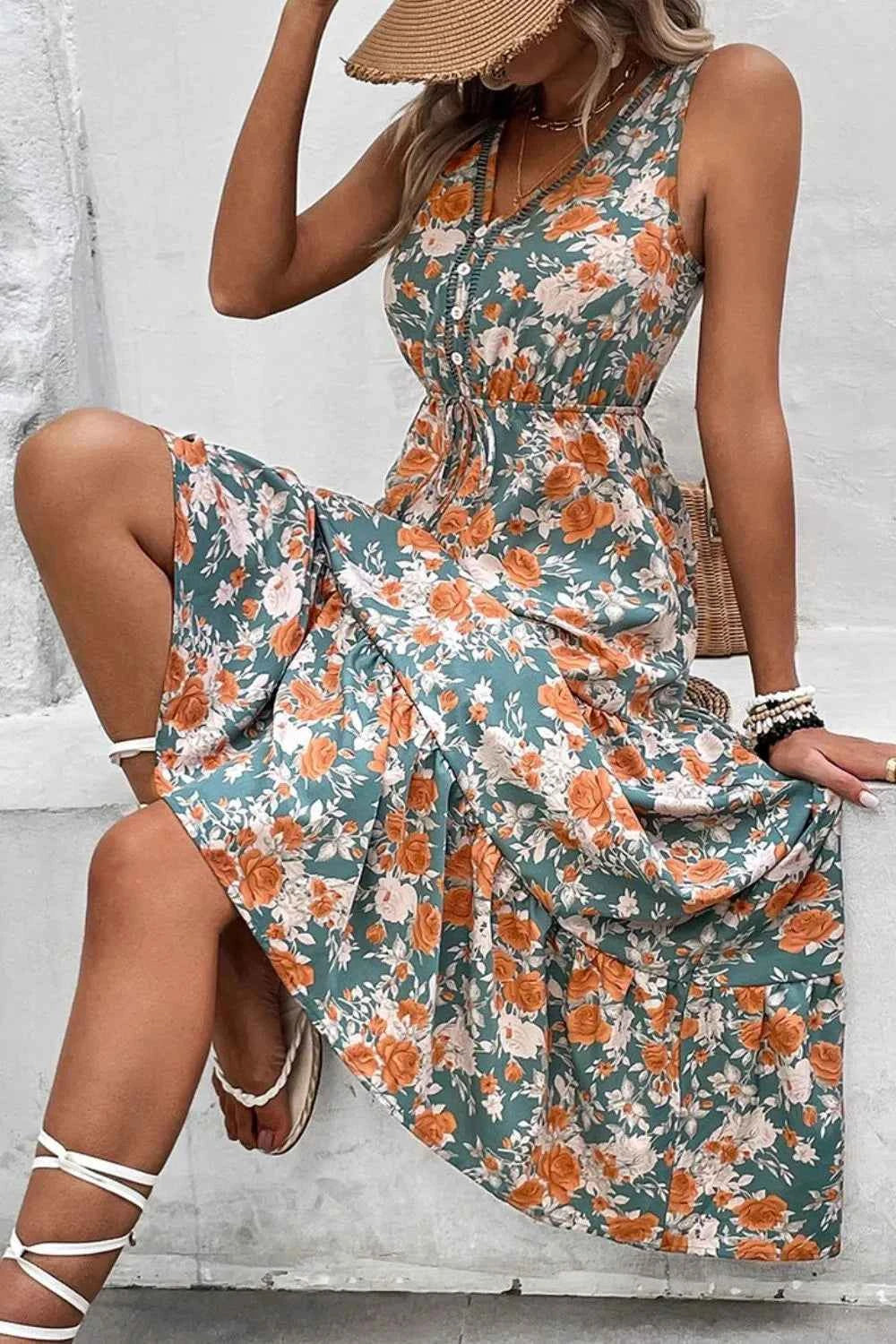 Floral Print Trimmed V Neck Tie Waist Sleeveless Dress