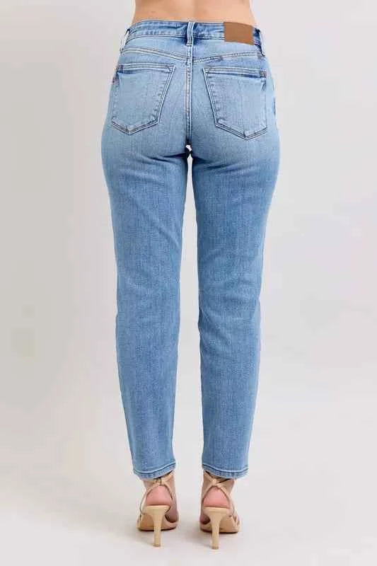 Judy Blue Full Size Mid Rise Vintage Wash Slim Jeans with Cell Phone Pocket Plus Size