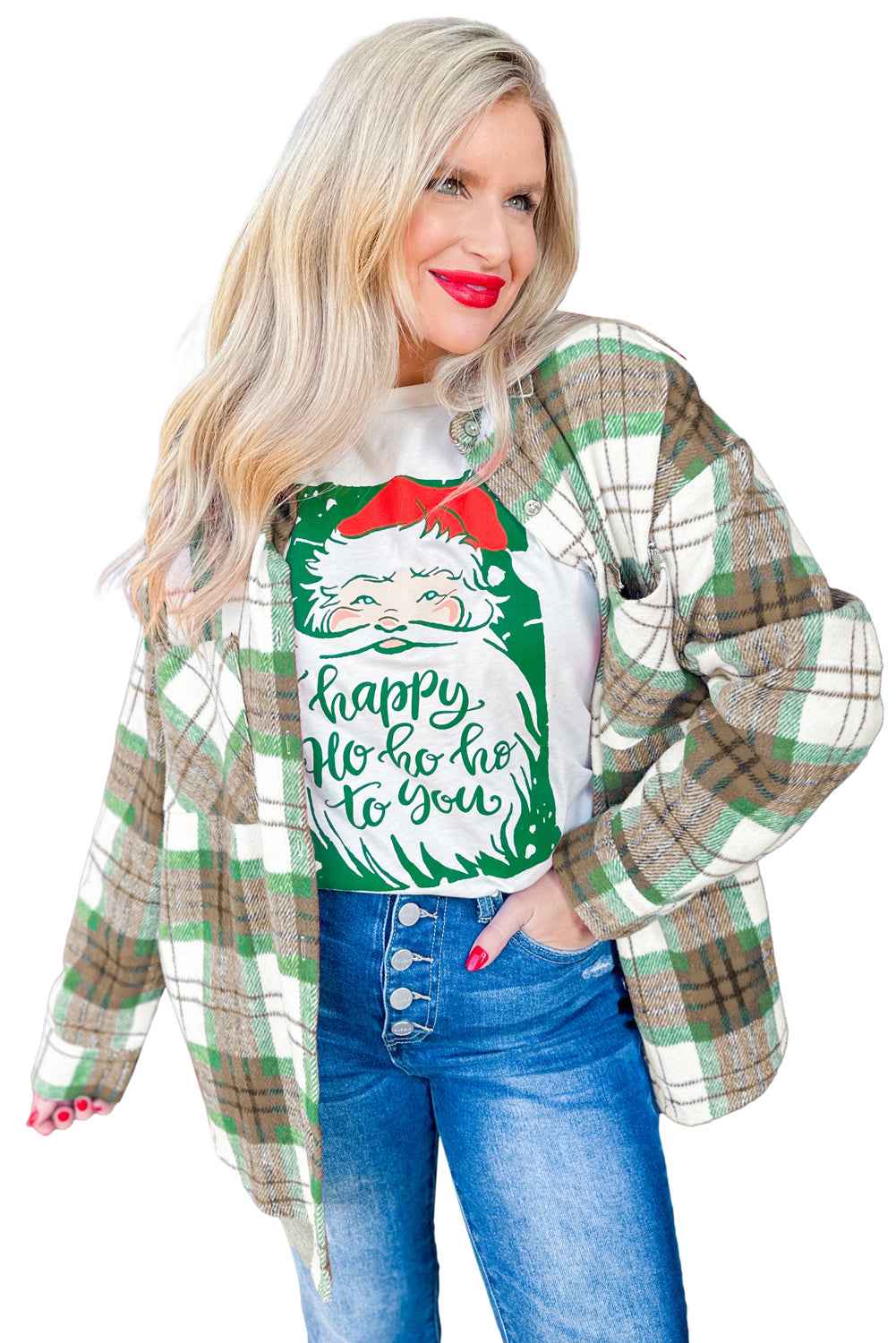 Rose Christmas Plaid Flannel Shacket for Cozy Winter Casual Wear