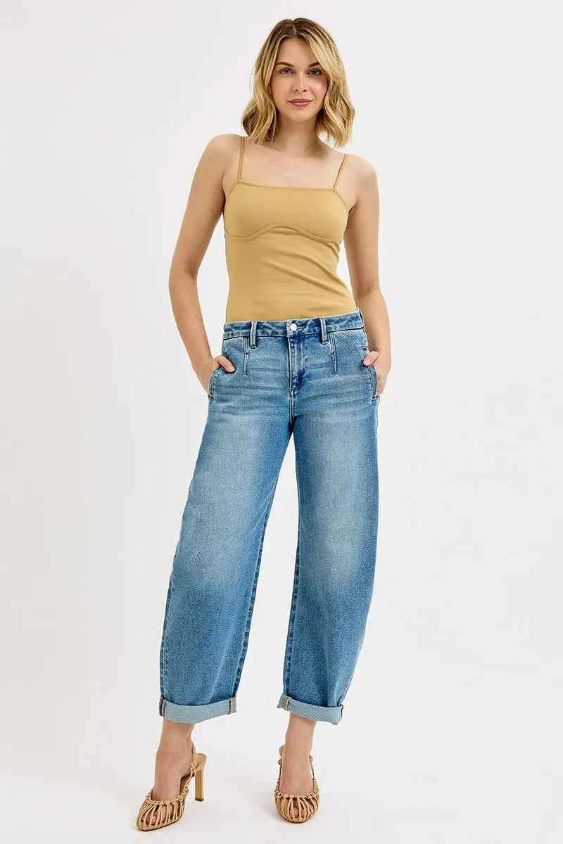 RISEN Full Size Mid Rise Fit Barrel Roll Up Jeans Plus Size