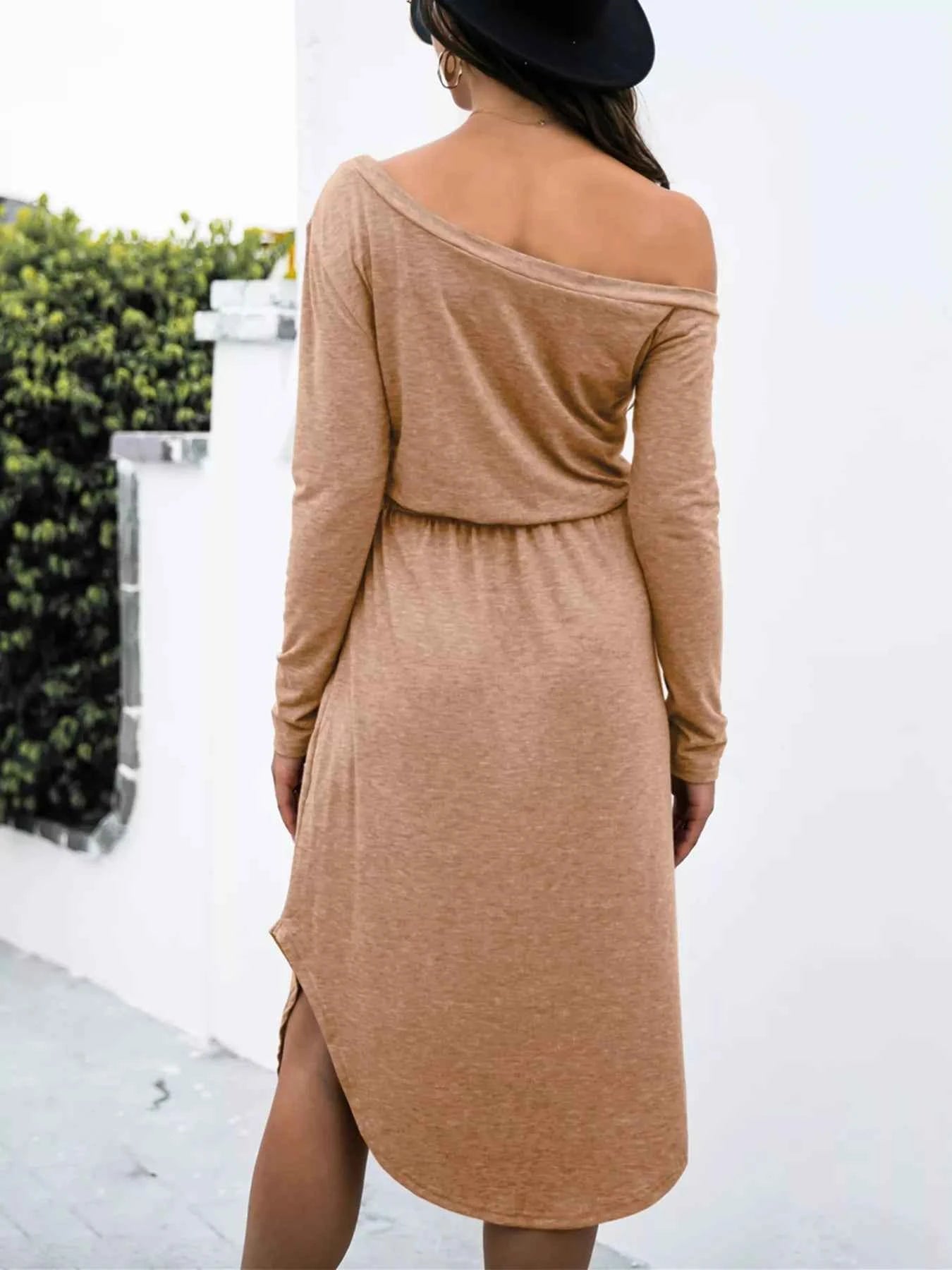 One-Shoulder Long Sleeve Midi Dress with Drawstring Waist