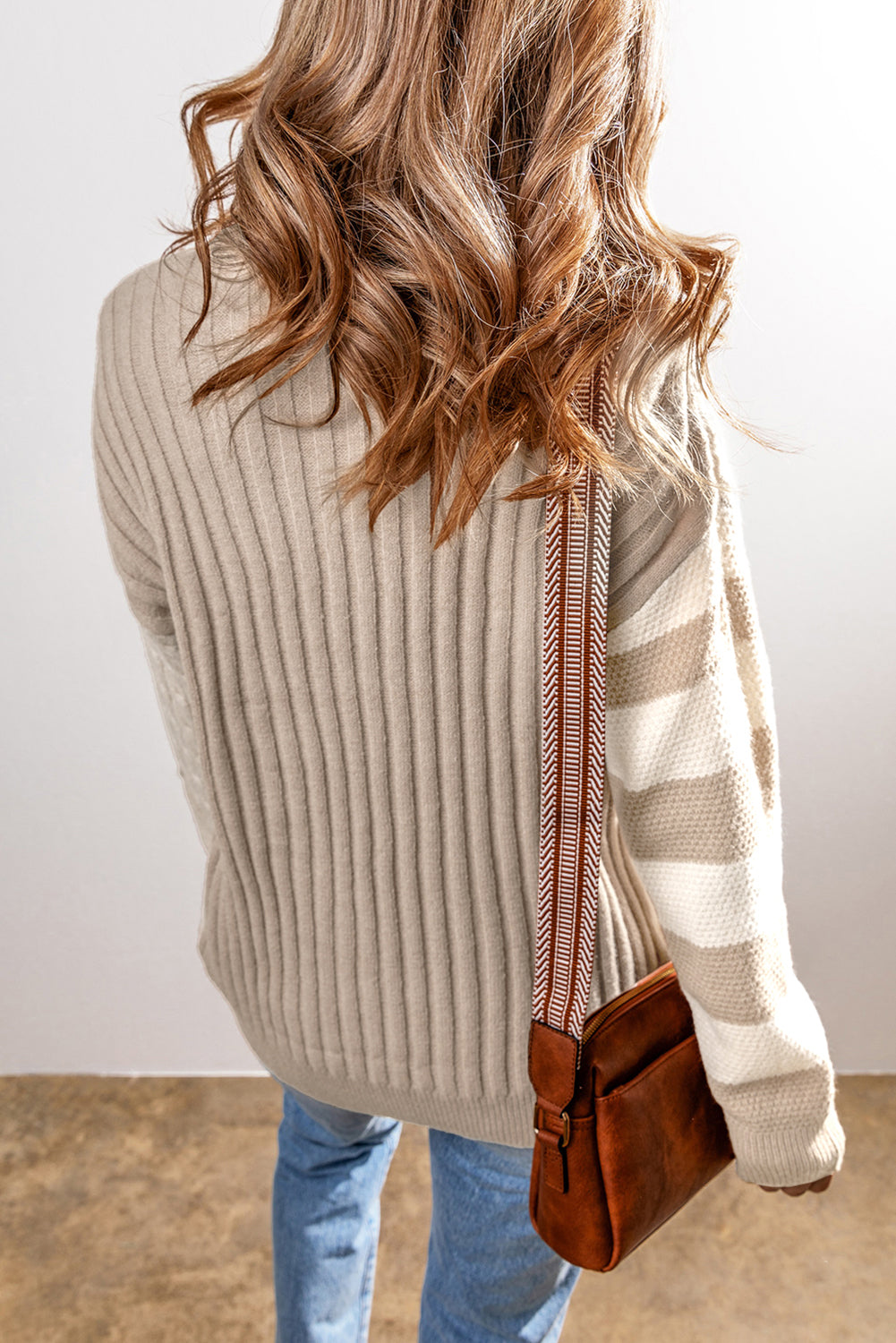 Khaki Cable Knit Colorblock Crew Neck Drop Shoulder Sweater - The Eggy's store