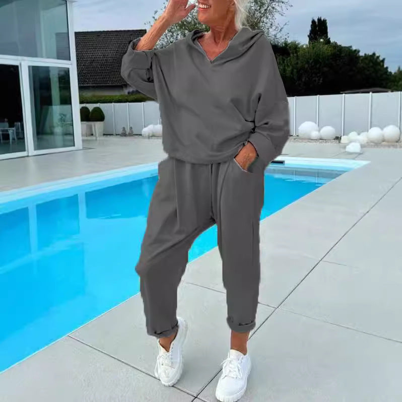 Solid Color Women's Sweatsuit Two-piece Hooded Set - The Eggy's store