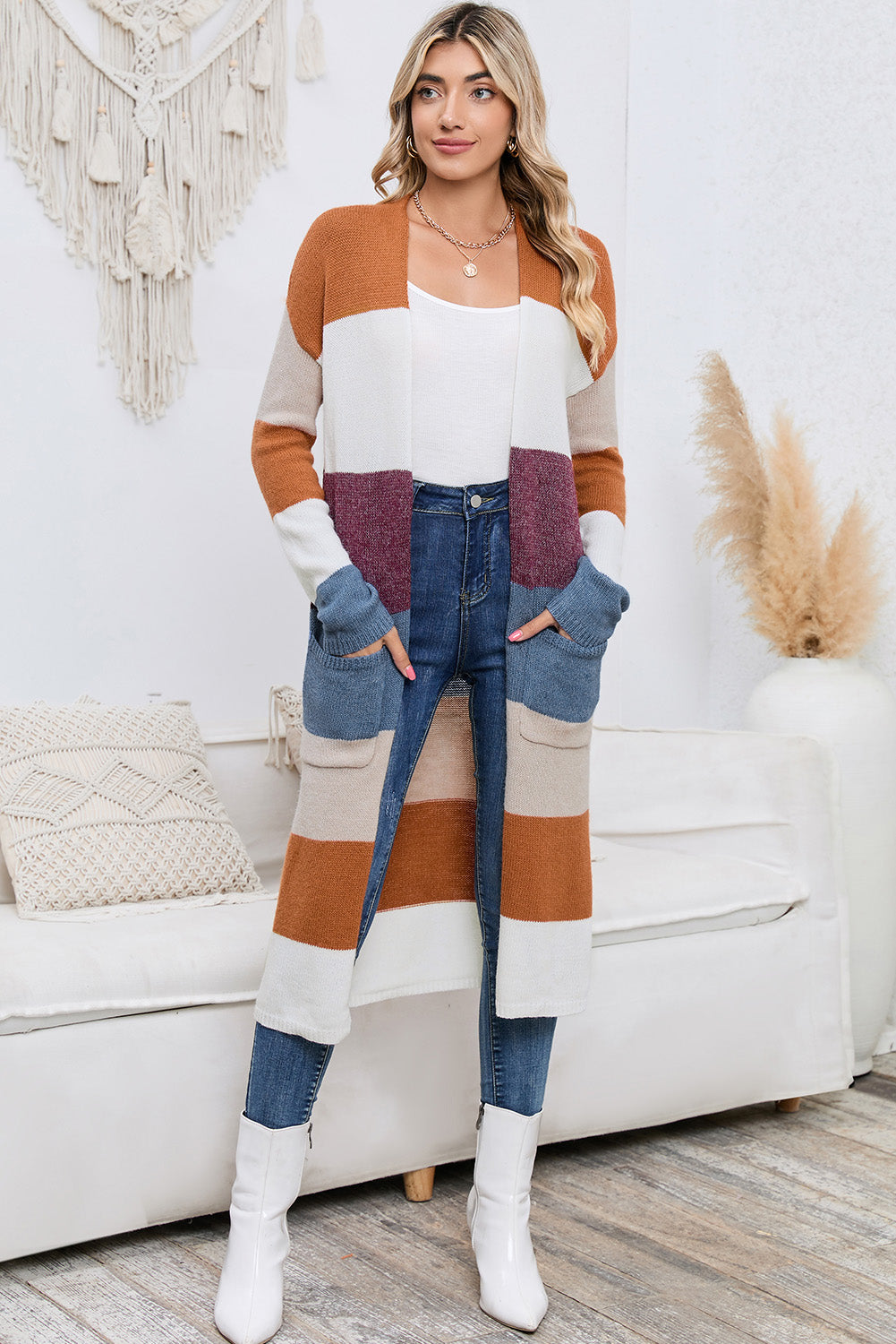 Multicolor Knitted Color Block Open Front Long Cardigan - The Eggy's store